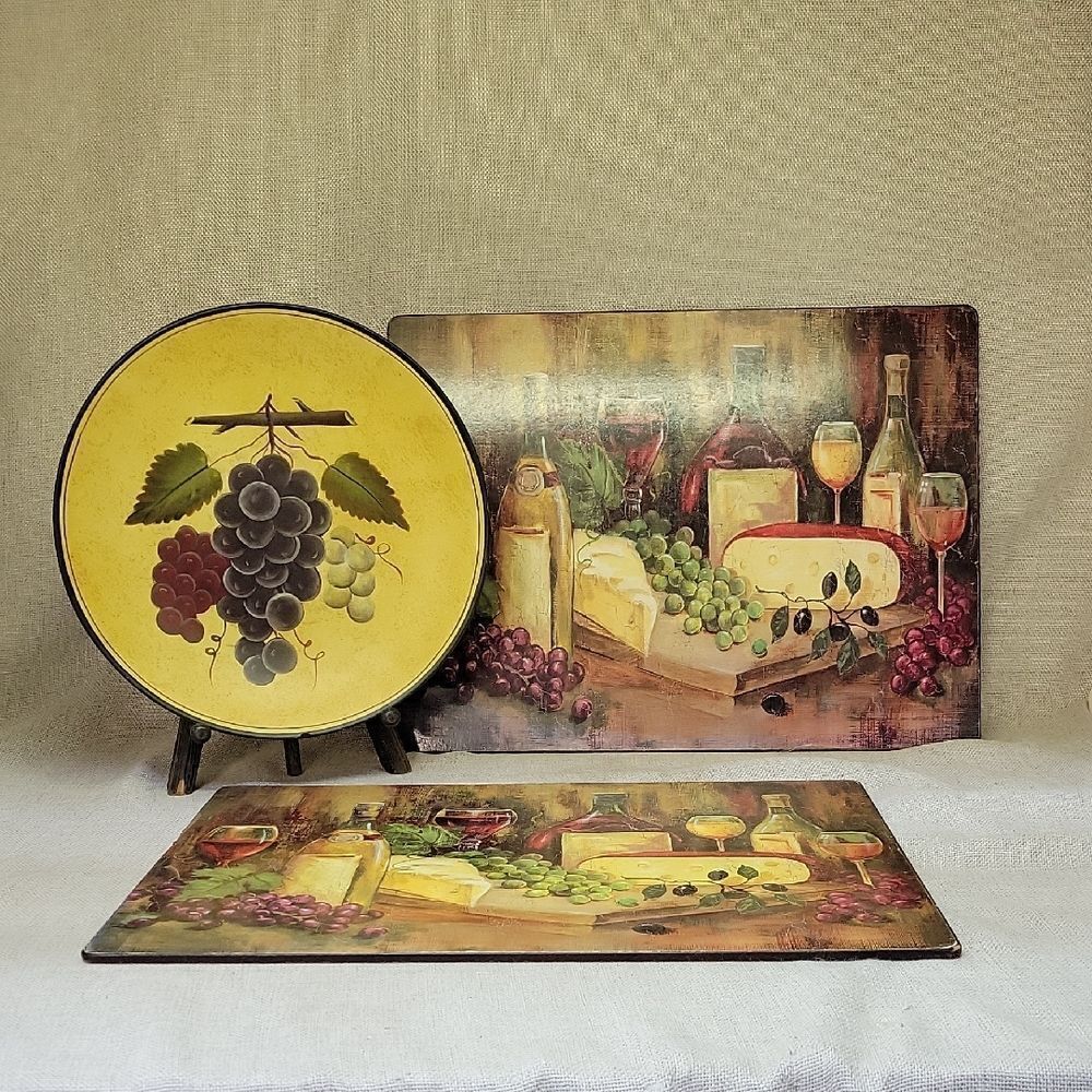 Benson Mills Set 2 Cork Backed‎ Hard Placemats Wine  & Cheese Theme + Plate